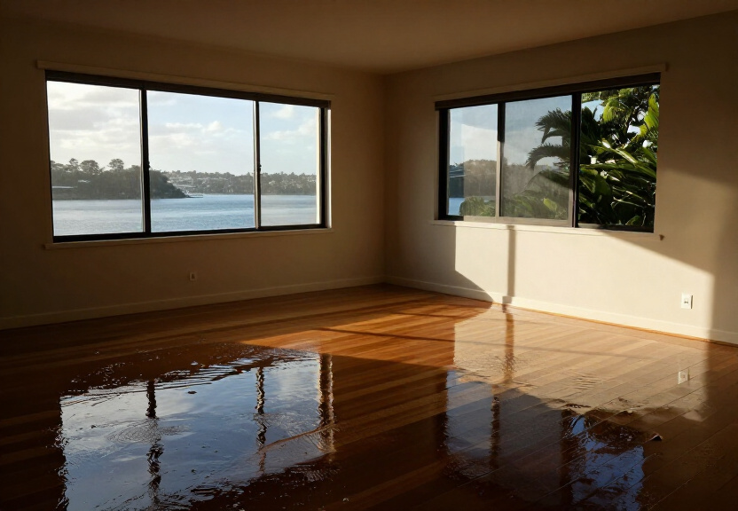 Flooded living room in West Pennant Hills home before restoration